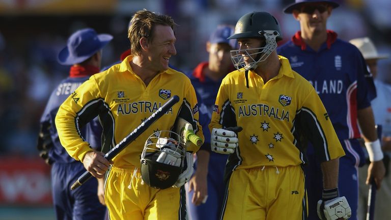 Michael Bevan and Andy Bichel of Australia walk back to the pavilion after the ICC Cricket World Cup 2003, Pool A match between Australia and England held on March 2, 2003 at St George's Park i