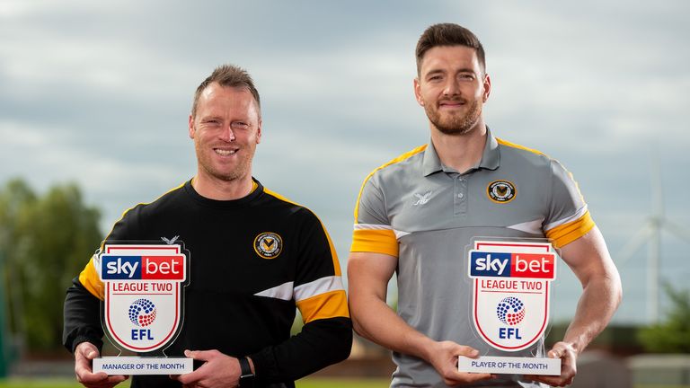 Manager of the Month Michael Flynn and Player of the Month Joe Day collect their Sky Bet League Two awards for April 2019 - Ryan Hiscott/JMP - 02/05/2019 - SPORT - Newport Stadium - Newport, Wales - Sky Bet League Two Manager of the Month and Player of the Month April 2019 - Michael Flynn and Joe Day