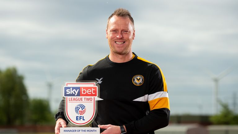 Manager of the Month Michael Flynn and Player of the Month Joe Day collect their Sky Bet League Two awards for April 2019 - Ryan Hiscott/JMP - 02/05/2019 - SPORT - Newport Stadium - Newport, Wales - Sky Bet League Two Manager of the Month and Player of the Month April 2019 - Michael Flynn and Joe Day