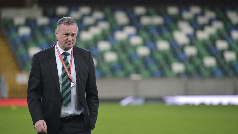 Michael O'Neill manager of Northern Ireland looks on prior to the 2020 UEFA European Championships Group C qualifying match between Northern Ireland and Belarus at Windsor Park on March 24, 2019 in Belfast, United Kingdom