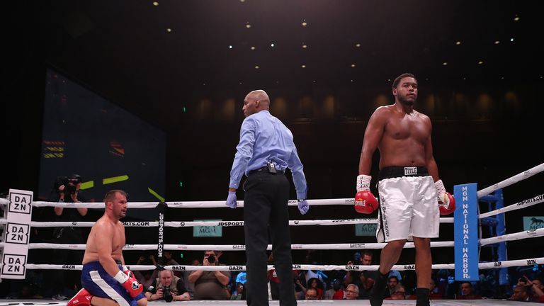 May 25, 2019; Oxon Hill, MD;  Michael Hunter and Fabio Maldonado during their bout at the MGM National Harbor in Oxon Hill, MD.  Mandatory Credit: Ed Mulholland/Matchroom Boxing USA
