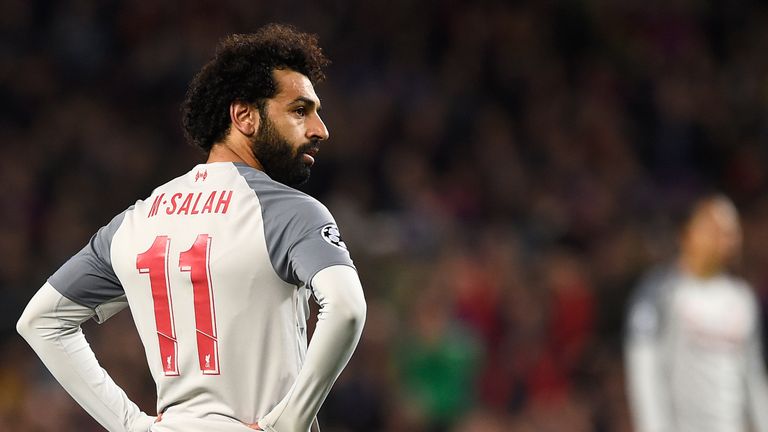 Liverpool's Egyptian forward Mohamed Salah reacts during the UEFA Champions League semi-final first leg football match between FC Barcelona and Liverpool at the Camp Nou stadium in Barcelona on May 1, 2019. (Photo by Josep LAGO / AFP) (Photo credit should read JOSEP LAGO/AFP/Getty Images)