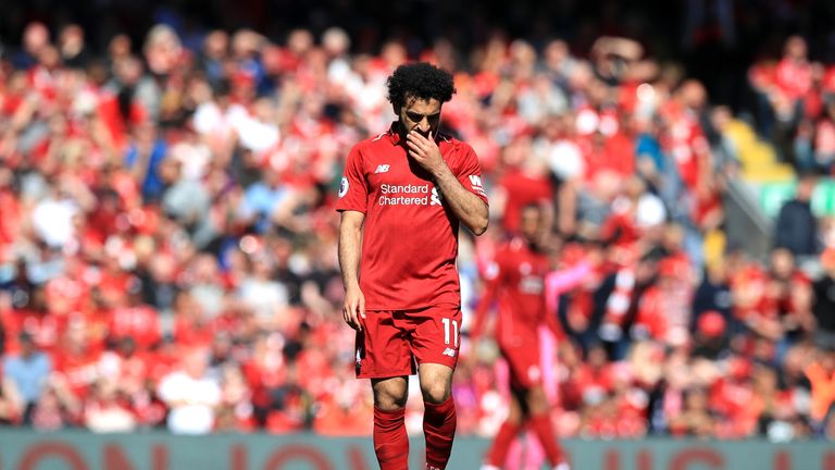 Mohamed Salah appears dejected during the Premier League match vs Wolves at Anfield