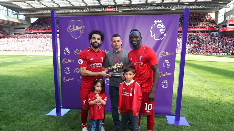 Mohamed Salah and Sadio Mane pose with the Premier League golden boot award for the 2018/19 season