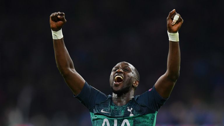 Moussa Sissoko celebrating Tottenham's 3-3 aggregate triumph over Ajax in the Champions League semi-finals.