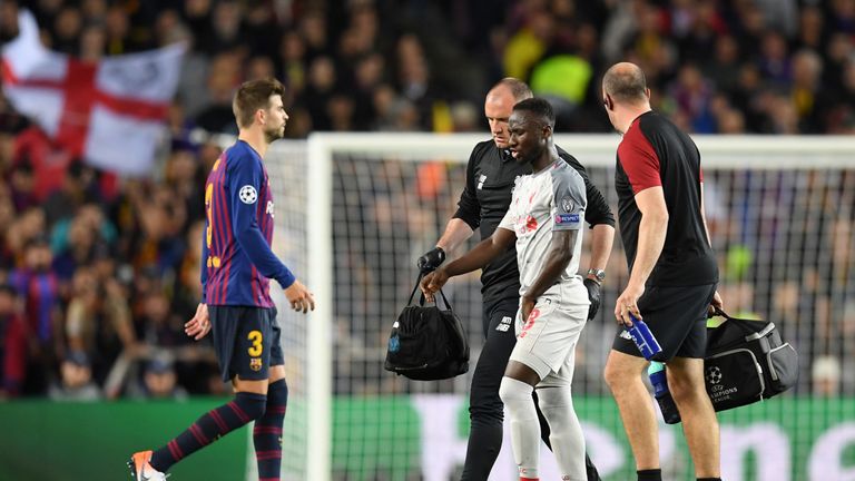 Naby Keita was substituted midway through the first half at the Nou Camp because of injury