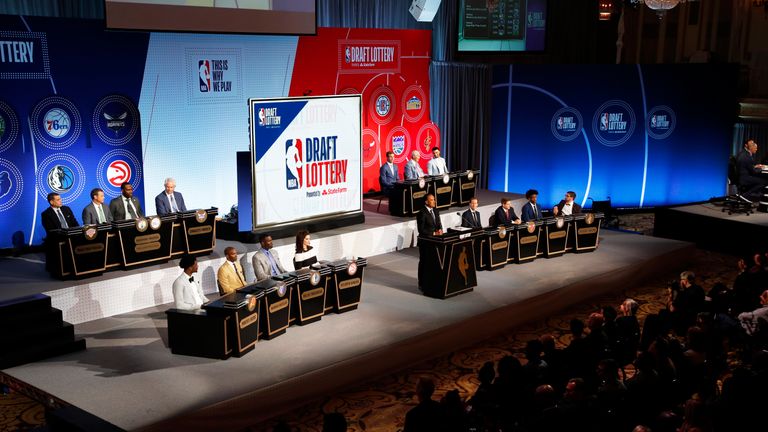 NBA Deputy Commissioner, Mark Tatum makes an announcement during the 2018 NBA Draft Lottery at the Palmer House Hotel on May 15, 2018 in Chicago Illinois.