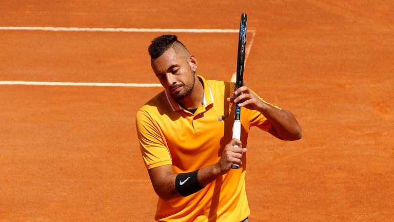 Nick Kyrgios of Australia reacts against Casper Rudd of Norway in their Mens Singles Round of 32 Match during Day Five of the International BNL d'Italia at Foro Italico on May 16, 2019 in Rome, Italy. 
