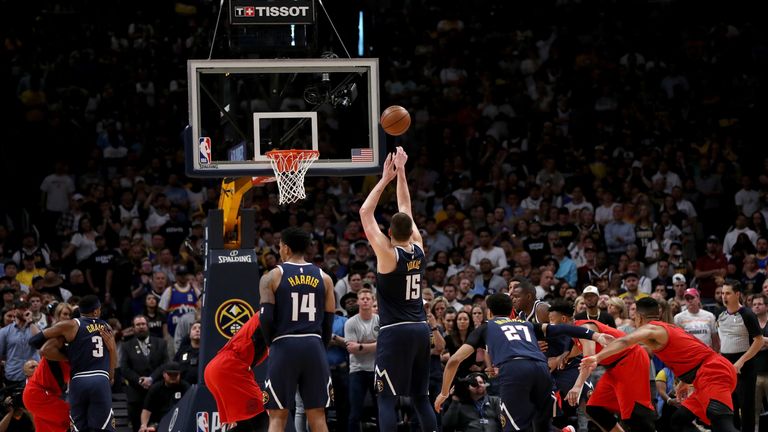 Nikola Jokic of the Denver Nuggets puts up a free throw against the Portland Trail Blazers in the fourth quarter during Game Seven of the Western Conference Semi-Finals of the 2019 NBA Playoffs
