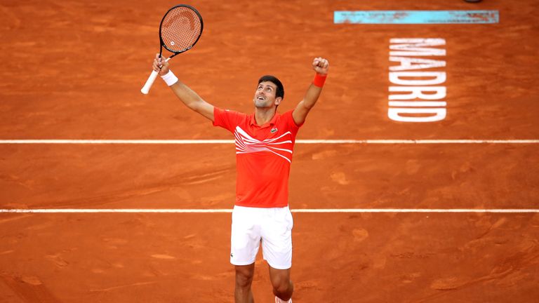 Novak Djokovic celebrates winning the Madrid Open 