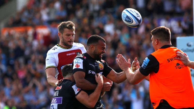Exeter Chiefs Tom O... Flaherty celebrates scoring his teams fourth Try during the Gallagher Premiership, Semi-final match at Sandy Park, Exeter. PRESS ASSOCIATION Photo. Picture date: Saturday May 25, 2019. See PA story RUGBYU Exeter. Photo credit should read: Julian Herbert/PA Wire. RESTRICTIONS: Editorial use only. No commercial use.