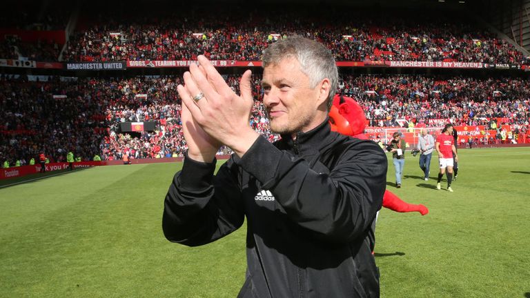 Solskjaer applauds the Old Trafford crowd after Sunday's Man Utd legends game