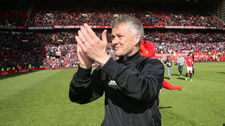 Ole Gunnar Solskjaer applauds the Old Trafford crowd after Sunday's Man Utd legends game