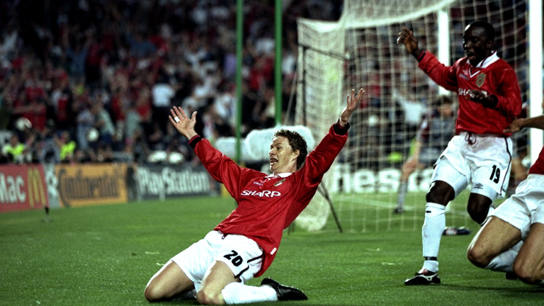 Solskjaer celebrates after his Champions League final winning goal in 1999