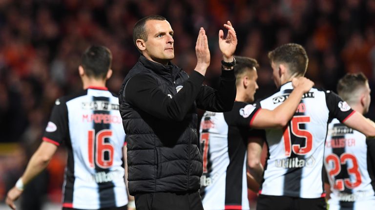 St Mirren manager Oran Kearney applauds the travelling supporters at full-time