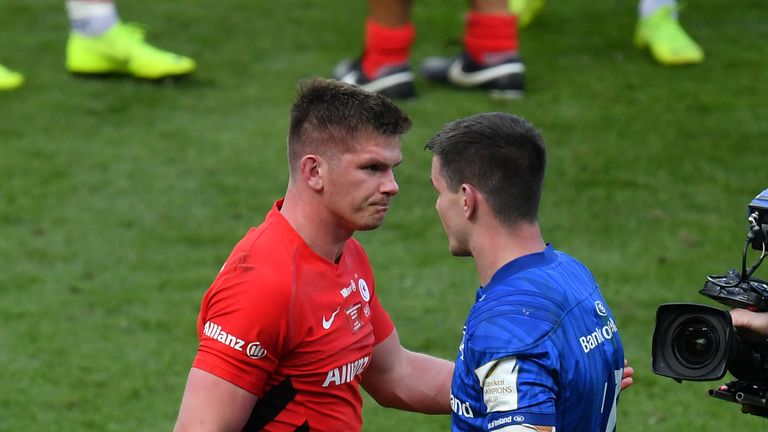 Saracens' Owen Farrell and Leinster's Johnny Sexton exchange words after the Heineken Champions Cup final