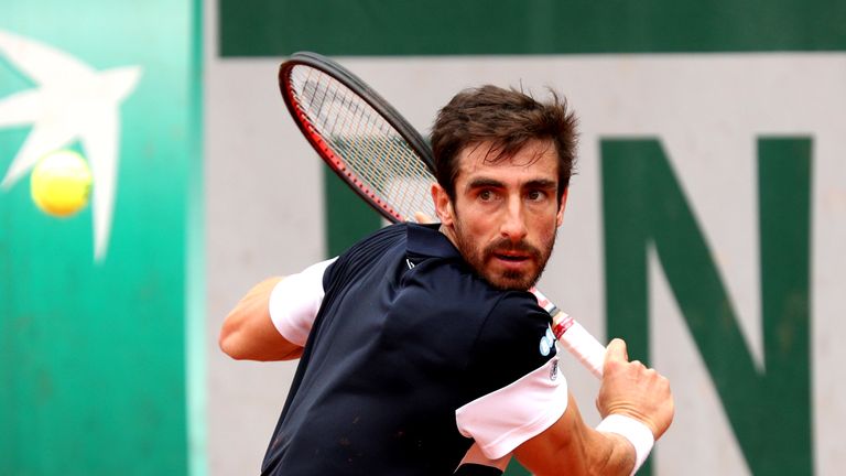 Pablo Cuevas of Uruguay plays a backhand during his mens singles second round match against Kyle Edmund of Great Britain during Day five of the 2019 French Open at Roland Garros on May 30, 2019 in Paris, France