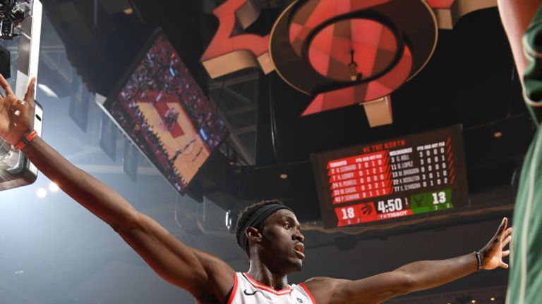 Pascal Siakam #43 of the Toronto Raptors plays defense against during the game against the Milwaukee Bucks during Game Three of the Eastern Conference Finals