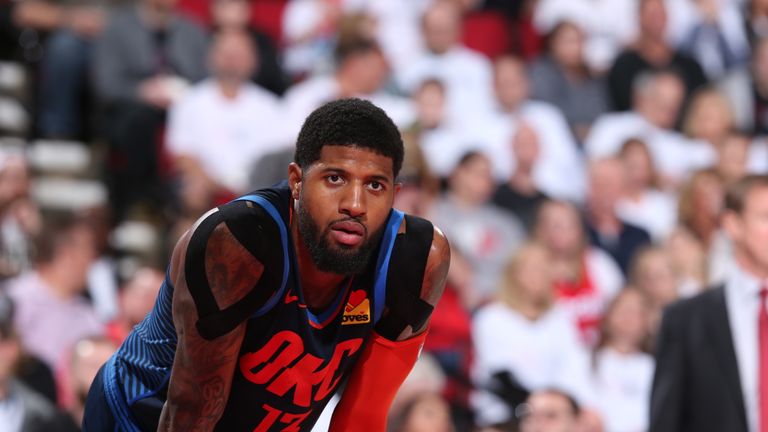 Paul George #13 of the Oklahoma City Thunder looks on against the Portland Trail Blazers during Game Five of Round One of the 2019 NBA Playoffs on April 23, 2019 at the Moda Center in Portland, Oregon