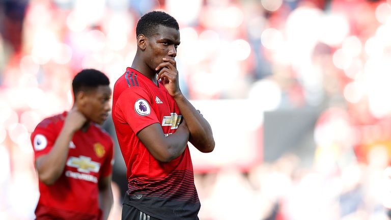 Manchester United's Paul Pogba shows his dejection after his teams 2-0 defeat to Cardiff City, during the Premier League match at Old Trafford, Manchester. PRESS ASSOCIATION Photo. Picture date: Sunday May 12, 2019. See PA story SOCCER Man Utd. Photo credit should read: Martin Rickett/PA Wire. RESTRICTIONS: EDITORIAL USE ONLY No use with unauthorised audio, video, data, fixture lists, club/league logos or "live" services. Online in-match use limited to 120 images, no video emulation. No use in betting, games or single club/league/player publications.