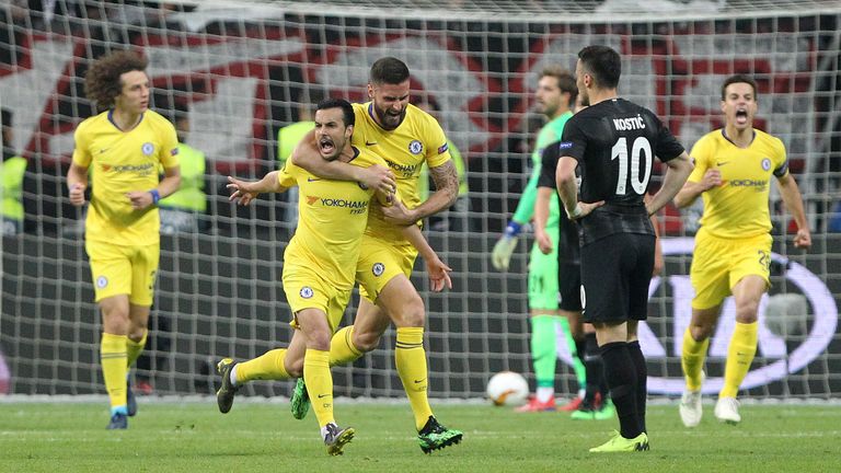 Pedro and Olivier Giroud, Chelsea, Europea League semi-final at Eintracht Frankfurt