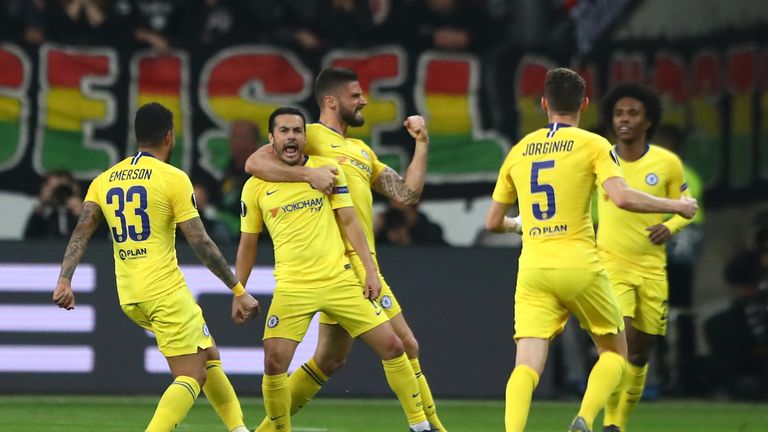 Pedro and Olivier Giroud, Chelsea, Europa League semi-final at Eintracht Frankfurt