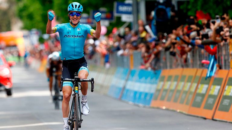 Pello Bilbao celebrates after winning stage seven