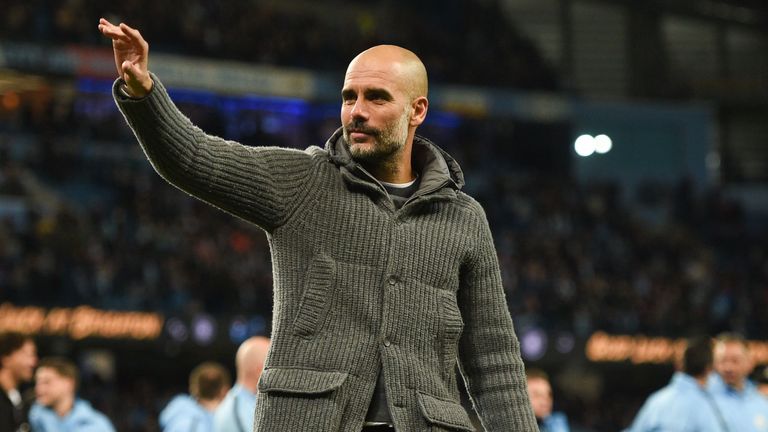 Pep Guardiola waves during a lap of the pitch following Manchester City&#39;s 1-0 win over Leicester City at the Etihad Stadium 