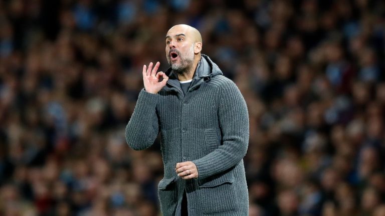 Pep Guardiola gestures on the touchline during the Premier League match against Leicester City at the Etihad Stadium