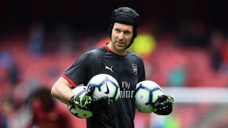 Petr Cech of Arsenal warms up ahead of the Premier League match between Arsenal FC and Brighton & Hove Albion at Emirates Stadium on May 05, 2019 in London, United Kingdom.