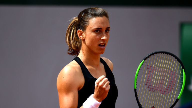 Petra Martic of Croatia celebrates during her ladies singles third round match against Karolina Pliskova of The Czech Republic during Day six of the 2019 French Open at Roland Garros on May 31, 2019 in Paris, France