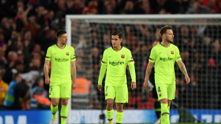 Philippe Coutinho and his Barcelona team-mates looked dejected during the 4-0 Champions League defeat at Anfield