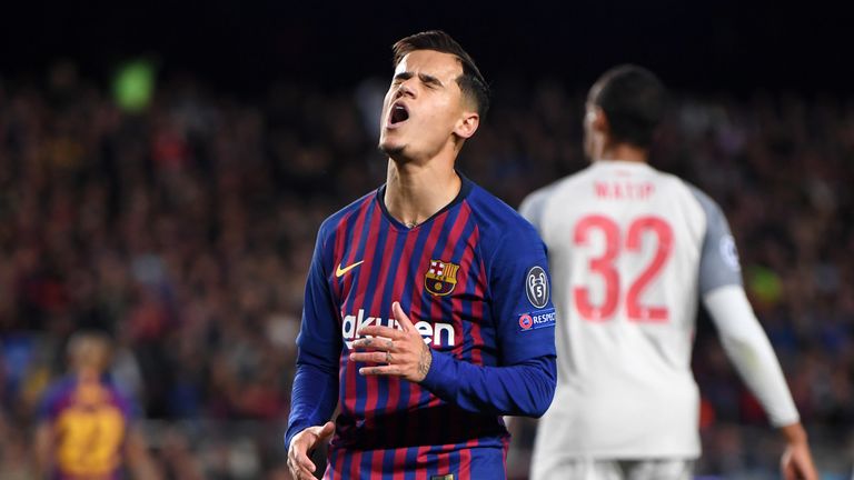 Philippe Coutinho reacts during the UEFA Champions League semi-final, first leg match between Barcelona and Liverpool at the Nou Camp on May 01, 2019