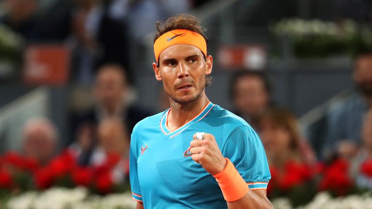 Rafael Nadal of Spain celebrates in his men's singles quarter-final match against Stan Wawrinka of Switzerland during day seven of the Mutua Madrid Open at La Caja Magica on May 10, 2019 in Madrid, Spain