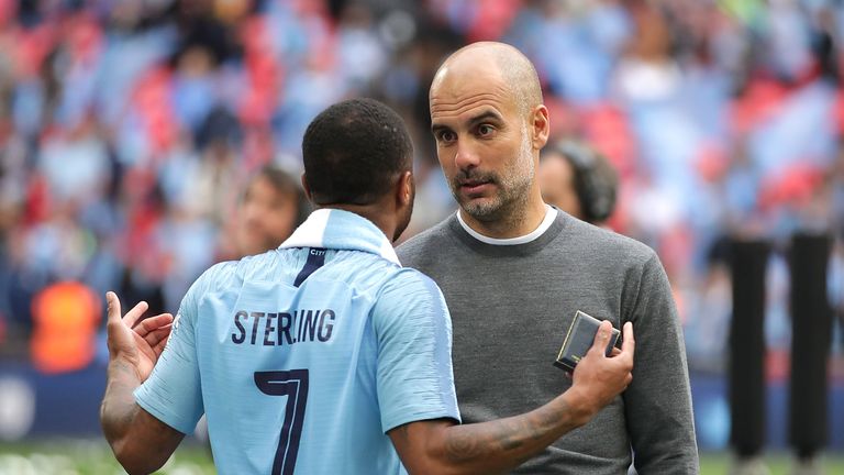 Manchester City Pep Guardiola and Raheem Sterling FA Cup final