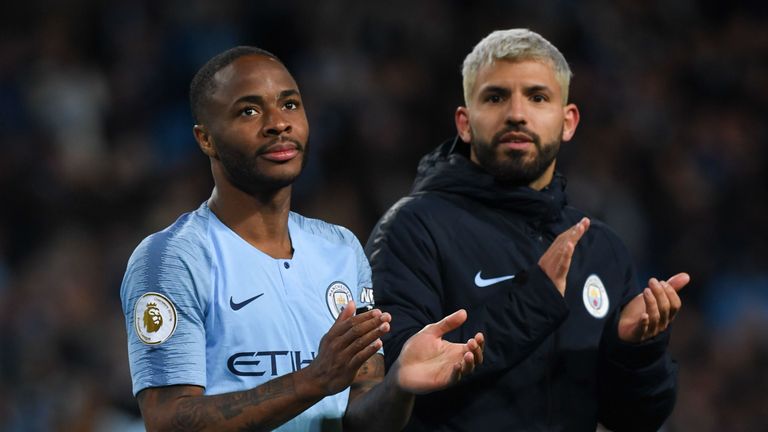 Raheem Sterling and Sergio Aguero take part in a lap of appreciation following Man City's 1-0 win over Leicester on May 6, 2019. 