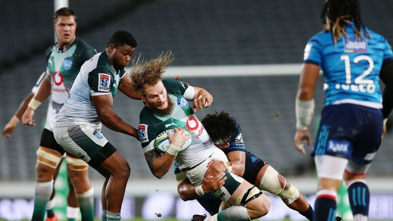 The Bulls' RG Snyman is tackled during the Super Rugby clash against the Blues