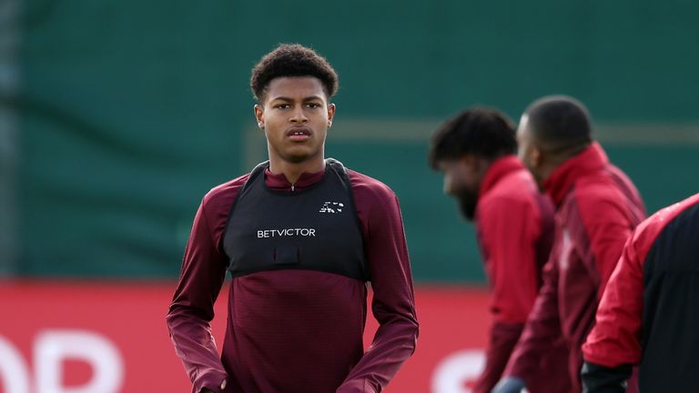 Rhian Brewster of Liverpool looks on during a training session ahead of their UEFA Champions League second leg semi finals match against Barcelona at Melwood on May 06, 2019 in Liverpool, England. 