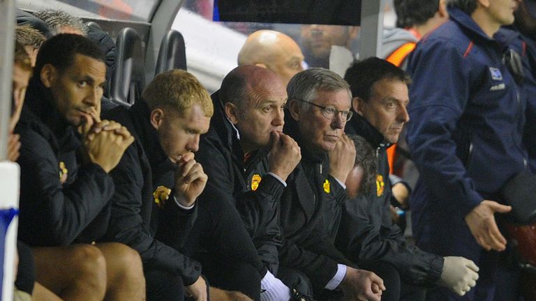 Rio Ferdinand, Paul Scholes, Mike Phelan, Sir Alex Ferguson during the UEFA Europa League Round of 16 second leg match between Manchester United and Athletic Bilbao at San Mames Stadium on March 15, 2012 in Bilbao, Spain.