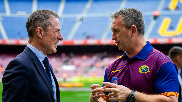 Picture by Alex Whitehead/SWpix.com - 18/05/2019 - Rugby League - Betfred Super League - Catalans Dragons v Wigan Warriors - Camp Nou, Barcelona, Spain - Catalans head coach Steve McNamara and Super League chief executive Robert Elstone.