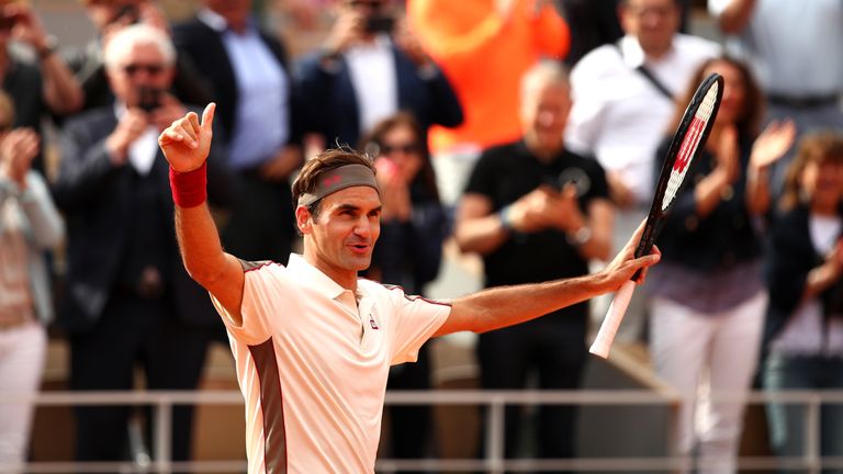 Roger Federer of Switzerland celebrates victory during his mens singles second round match against Oscar Otte of Germany during Day four of the 2019 French Open at Roland Garros on May 29, 2019 in Paris, France.