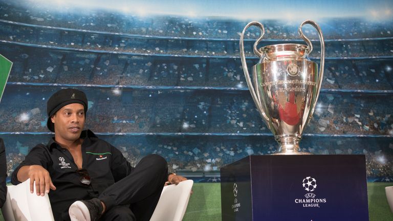 Ronaldinho, Heineken Ambassador, is pictured ahead of a press briefing with the UEFA trophy during the UEFA Champions League Trophy Tour Presented by Heineken at the Hilton Hotel, in Addis Ababa on 14 April 2018.