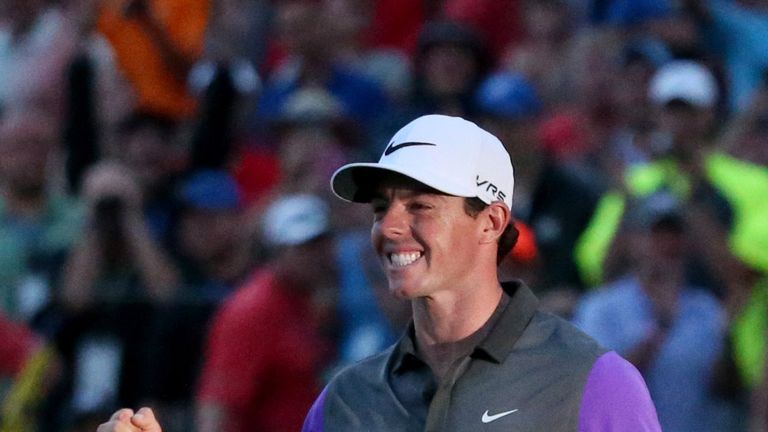 LOUISVILLE, KY - AUGUST 10:  Rory McIlroy of Northern Ireland celebrates his one-stroke victory on the 18th green during the final round of the 96th PGA Championship at Valhalla Golf Club on August 10, 2014 in Louisville, Kentucky.  (Photo by Andrew Redington/Getty Images)