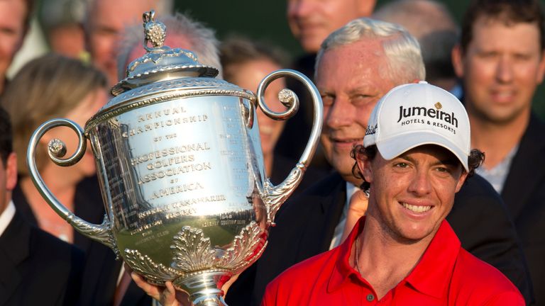 Rory McIlroy poses with the Wanamaker Trophy after winning the 2012 PGA Championship