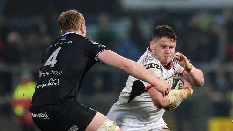 13 April 2018; Ross Kane of Ulster in action against Bradley Davies of Ospreys during the Guinness PRO14 Round 20 match between Ulster and Ospreys at Kingspan Stadium in Belfast. Photo by Oliver McVeigh/Sportsfile