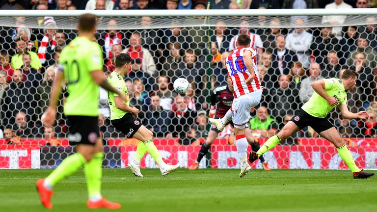 Sam Vokes gives Stoke a 1-0 lead against Sheffield United at the bet365 Stadium