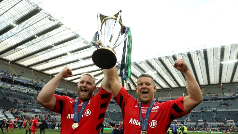 Richard Barrington and Vincent Koch celebrate Saracens' win over Leinster