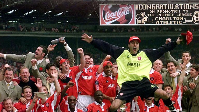 Charlton Athletic goalkeeper Sasa Ilic jumps in the air in celebration during the team photo, after saving the penalty ensuring his side's win in the First Division play-off final against Sunderland at Wembley (Monday). Photo by Adam Butler/PA, 25 May 1998