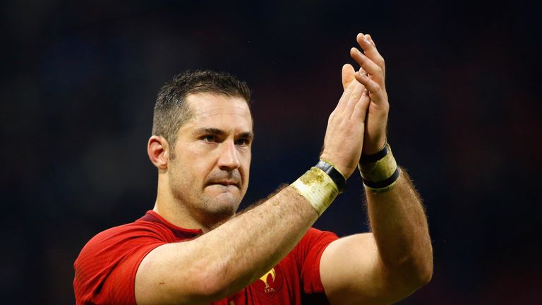 cott Spedding of France acknowledges the fans during the 2015 Rugby World Cup Quarter Final match between New Zealand and France at the Millennium Stadium on October 17, 2015 in Cardiff, United Kingdom