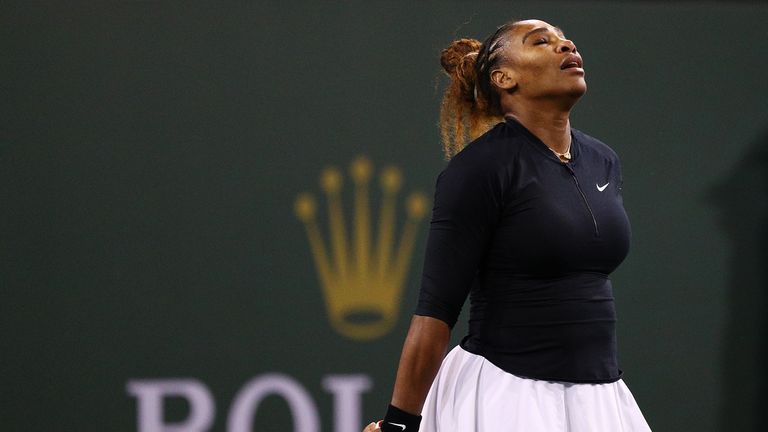 Serena Williams of the United States shows her frustrations during her women's singles second round match against Victoria Azarenka of Belarus on Day 5 of the BNP Paribas Open at the Indian Wells Tennis Garden on March 08, 2019 in Indian Wells, California